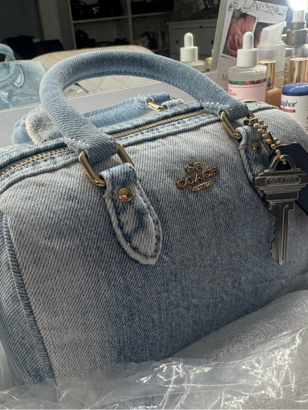 Coach Light Blue Denim Satchel with Gold Hardware